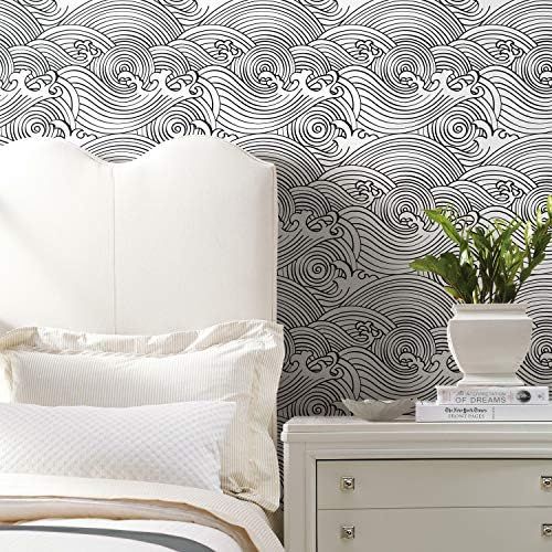RoomMates RMK11901RL Black and White Asian Waves Peel and Stick Wallpaper | Amazon (US)