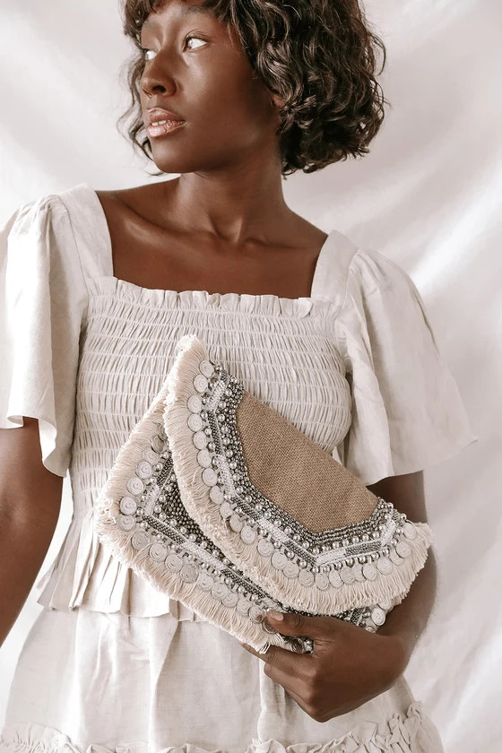 Dreamteam Beige Beaded Coin Envelope Clutch | Lulus (US)