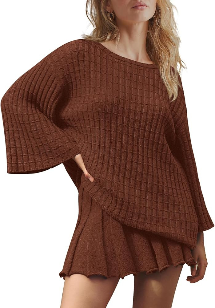 LAMISSCHE Womens Lounge Set Oversized 2 Piece Sweater Skirt Sets Long Sleeve Knit Top Pleated Ski... | Amazon (US)