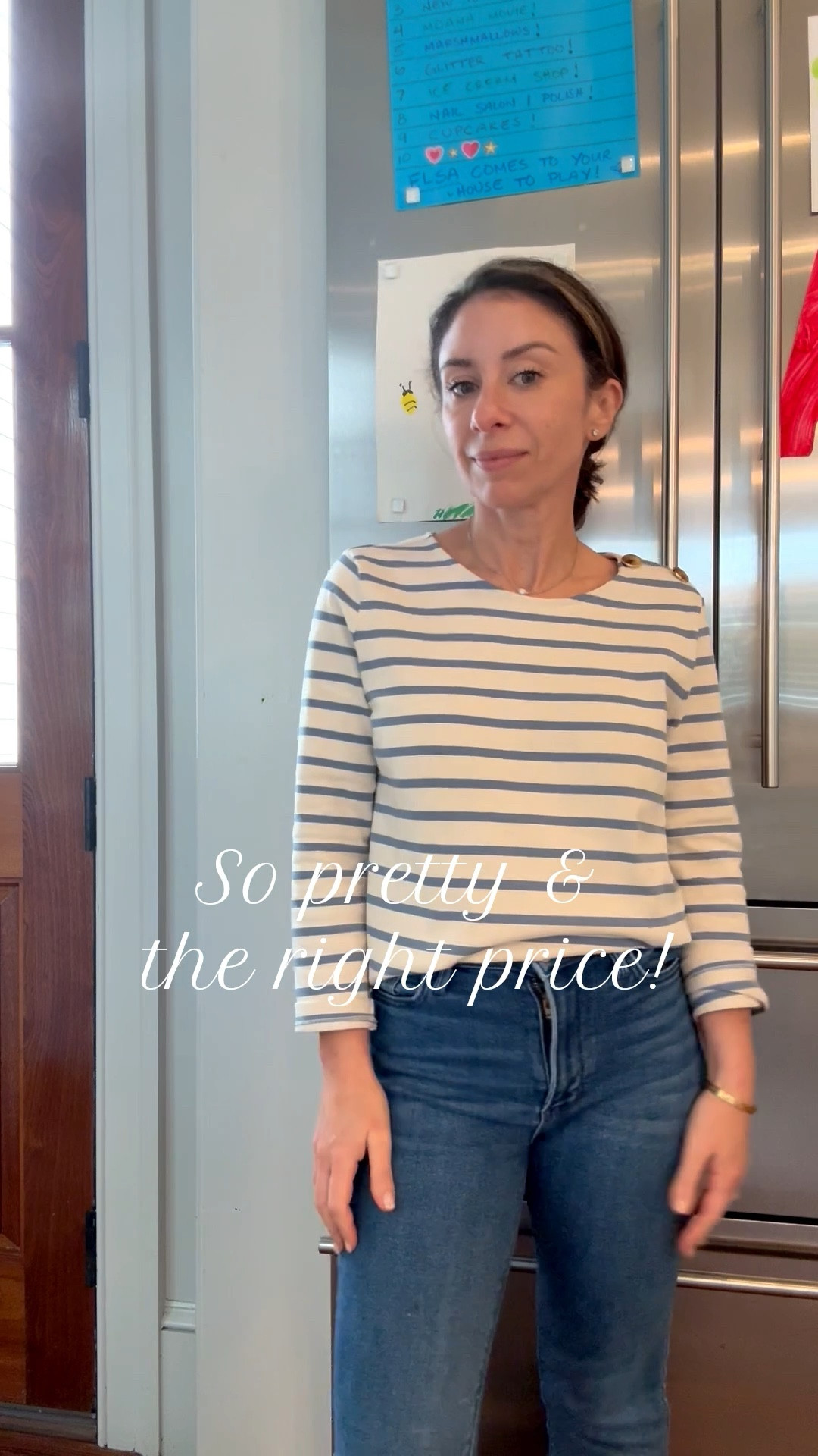 This blue and white Sezanne stripe knit top is  divine. Love the tight, flat weave. The boxy but not baggy fit. Works untucked or tucked! The functional buttons with thoughtful gold setting on the pretty tortoise shell inspired button. Size down or your usual size. If you size up the shoulder seam will be too wide on most! 

#LTKFindsUnder100 #LTKPetite #LTKTall