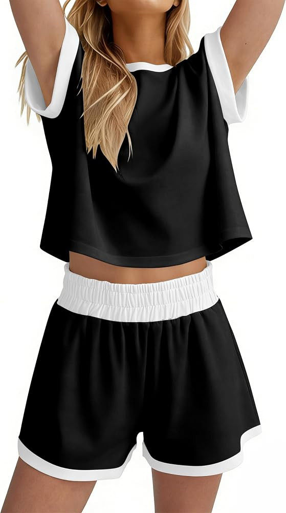 MISSACTIVER 2 Piece Lounge Set Women Stripe Knit Short Sleeve Tee Shirts Shorts Casual Summer Lou... | Amazon (US)