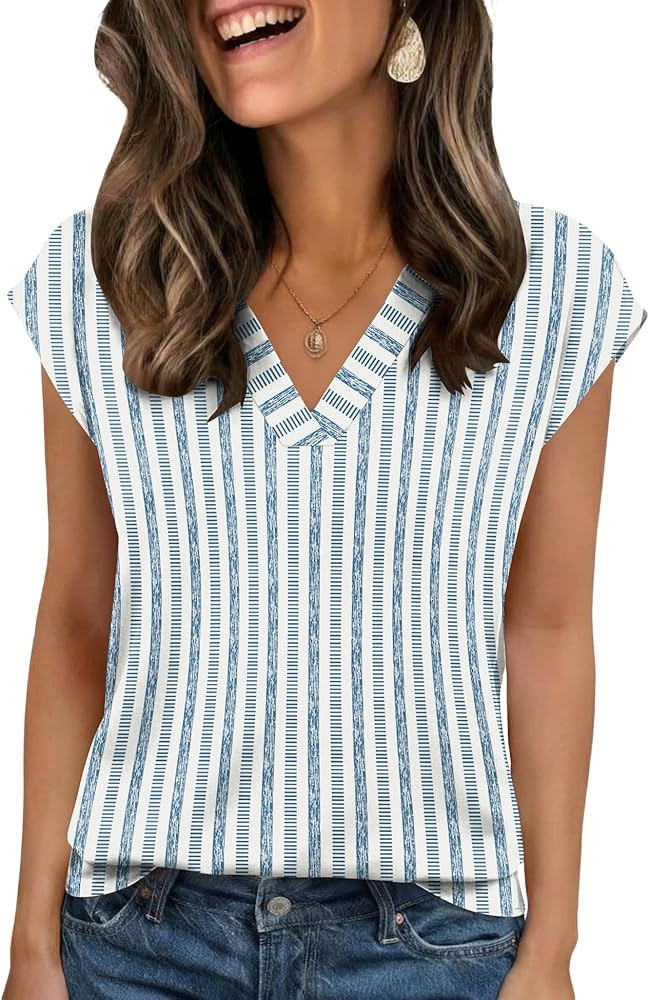 Rapbin Womens V Neck Tops Short Sleeve Cap Sleeve Blouses Dressy Casual Basic Tees Summer Spring ... | Amazon (US)