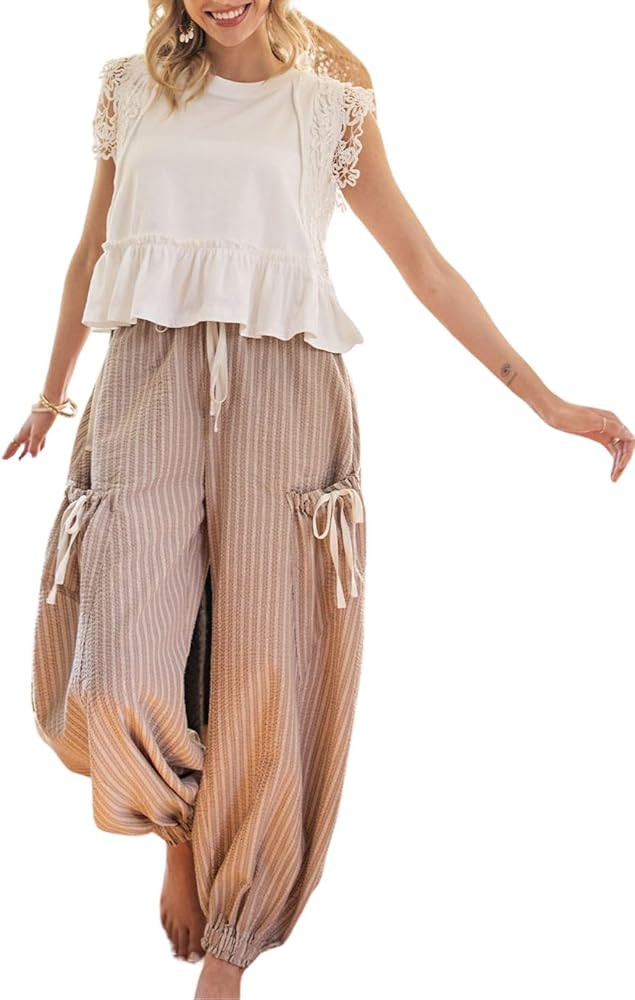 Women Drawstring Striped Pants Loose Wide Leg Casual Lounge Pants with Pockets | Amazon (US)