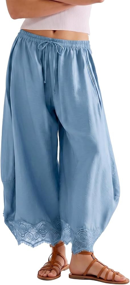 Women Cropped Lace Hem Pants Summer Wide Leg Pants Casual Loose Drawstring Waist Lightweight Trou... | Amazon (US)