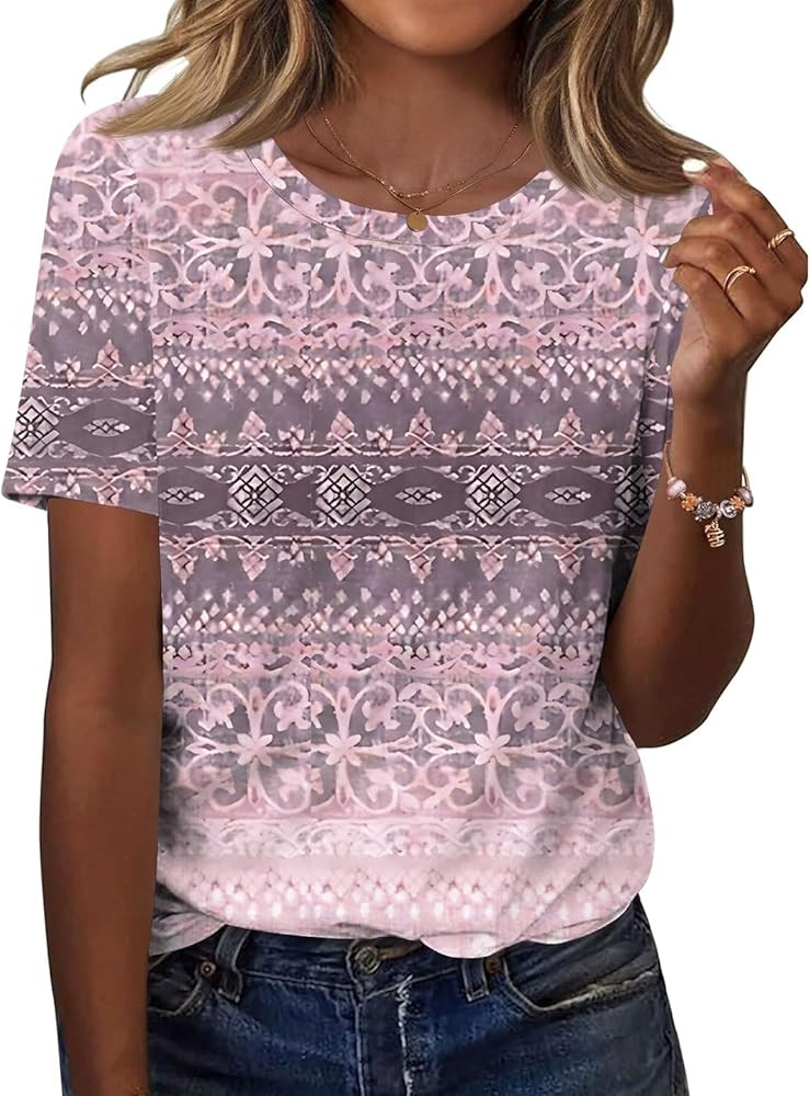 TCOT Women's Tops Summer Short Sleeve Crew Neck Shirts Dressy Casual Blouses for Women S-3XL | Amazon (US)