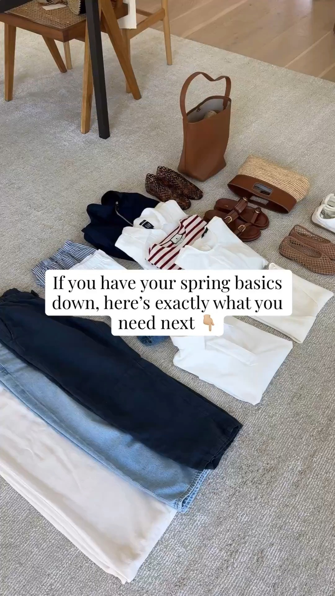 If you have your spring basics now, here’s exactly what you need next: 

Pants
Z Supply trosuers small
Citizens of Humanity Miro 25 petite
Velvet linen barrels xs

Shorts
Donni boxer shorts medium (to wash and dry) in white  
Donni boxer shorts medium (to wash and dry) in blue stripe  
Agolde Parker denim shorts 25

Tops
Tuckernuck polo small
Aritzia knit tank s
Zara poplin top small
Tucjercuk stripe tee xs
Gap linen button up petite small

Jacket 
Zara funnel neck xs

Shoes
Steve Madden jelly flats 5
Zara slides 5
Marc Fosher flats 5
Bimba Y Lola sneaker 6. I need the size 5

Bags 
Quince bucket bag
J.crew clutch

Spring outfits 2026, petite style