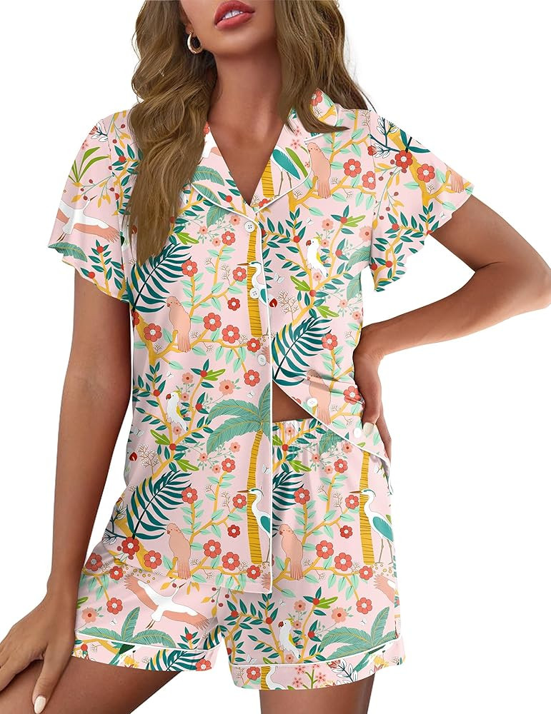 Ekouaer Pajamas for Women Set Button Up Pjs Short Sleeve Ruffle Sleepwear Notch Collar Bride Soft... | Amazon (US)