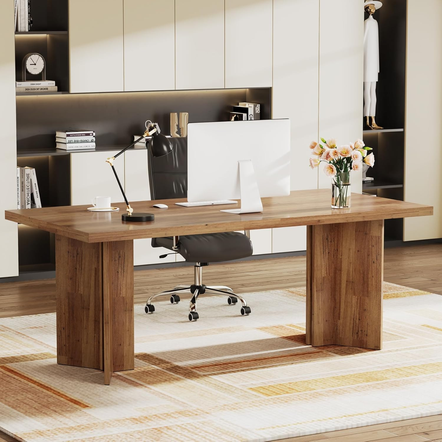 Tribesigns 63-inch Executive Desk, Vintage Home Office Computer Desk with Large Tabletop, Farmhouse Wood Writing Conference Table Workstation for Office, Study, Walnut Brown | Amazon (US)