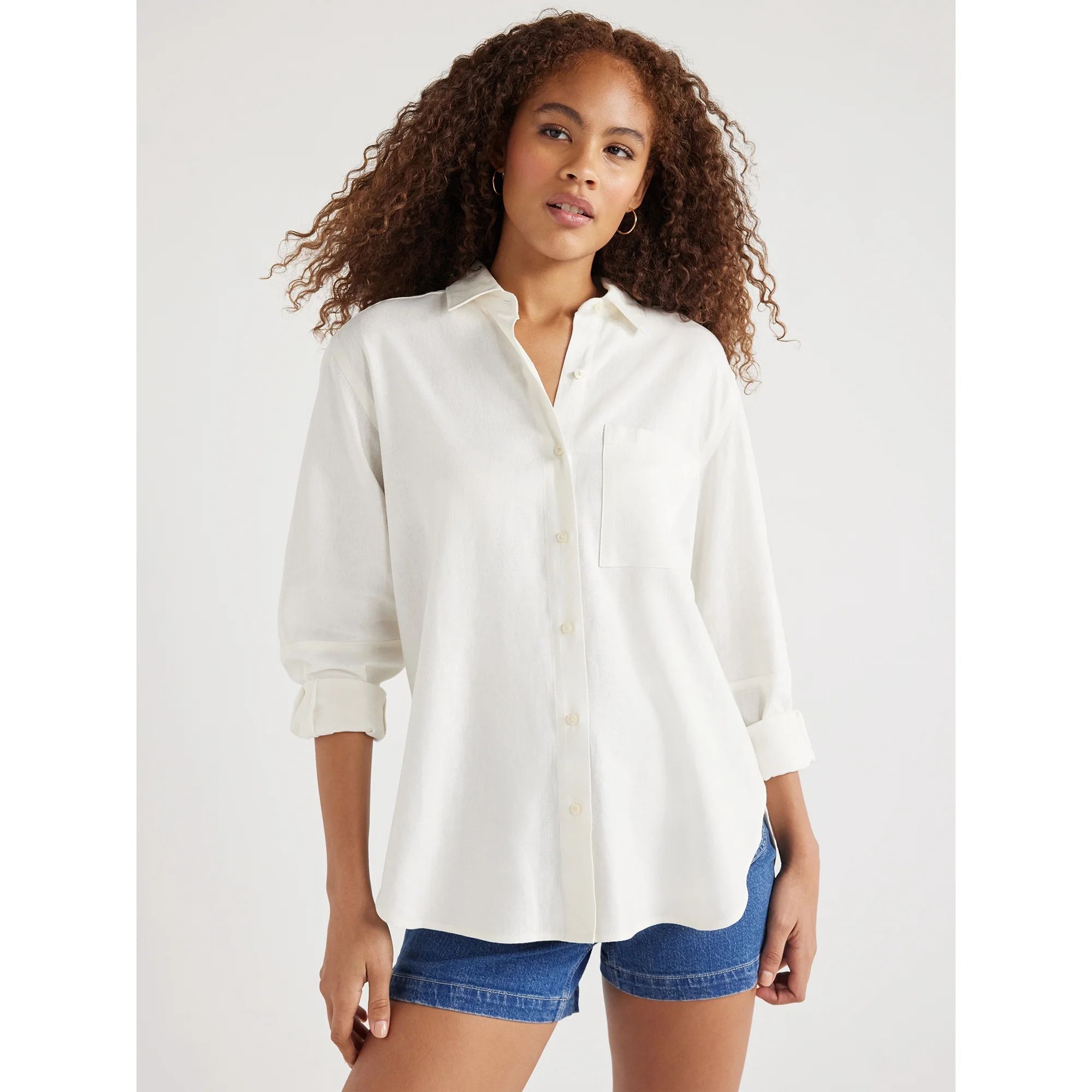 Free Assembly Women’s Boxy Button-Down Tunic Top with Long Sleeves, Sizes XS-XXL | Walmart (US)