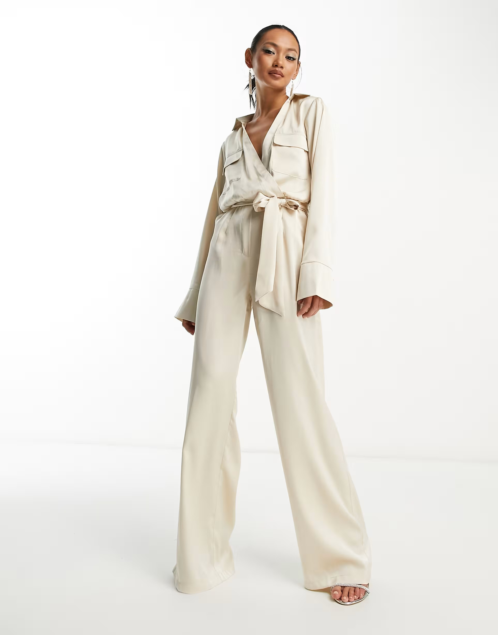 Pretty Lavish satin tie waist utility jumpsuit in cream | ASOS (Global)