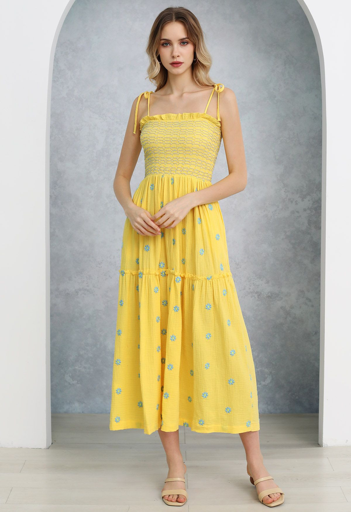 Floret Embroidery Tie-Shoulder Shirred Dress in Yellow | Chicwish