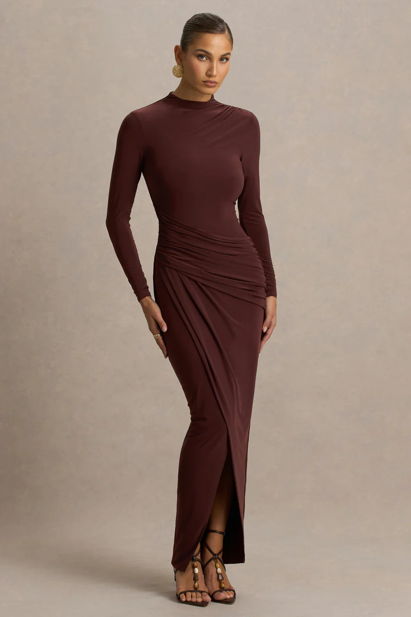 Zephyra  Brown High-Neck Wrapped Maxi Dress | Club L London