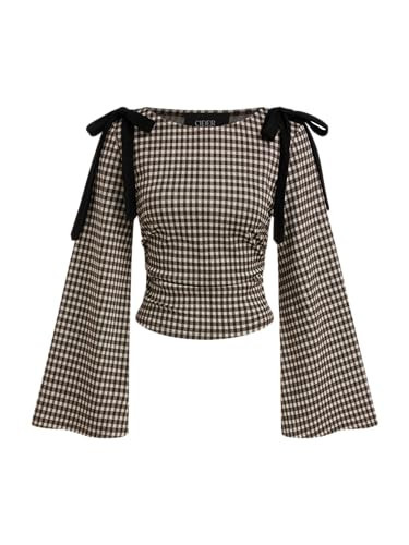 CIDER Tops Gingham Bowknot Ruched Long Sleeve Boat Neck Slim Fit Top Coffee | Amazon (US)