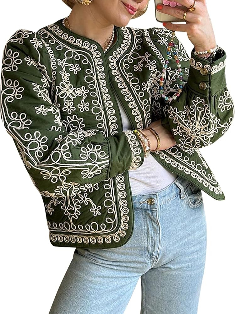 YKR Women's Cropped Quilted Jacket Floral Print Lightweight Puffer Jackets Vintage Button Down Pa... | Amazon (US)