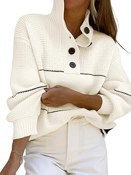 chouyatou Women's Slouchy Waffle Knit Sweater 1/2 Button Polo Collared Pullover Striped Sweater T... | Amazon (US)