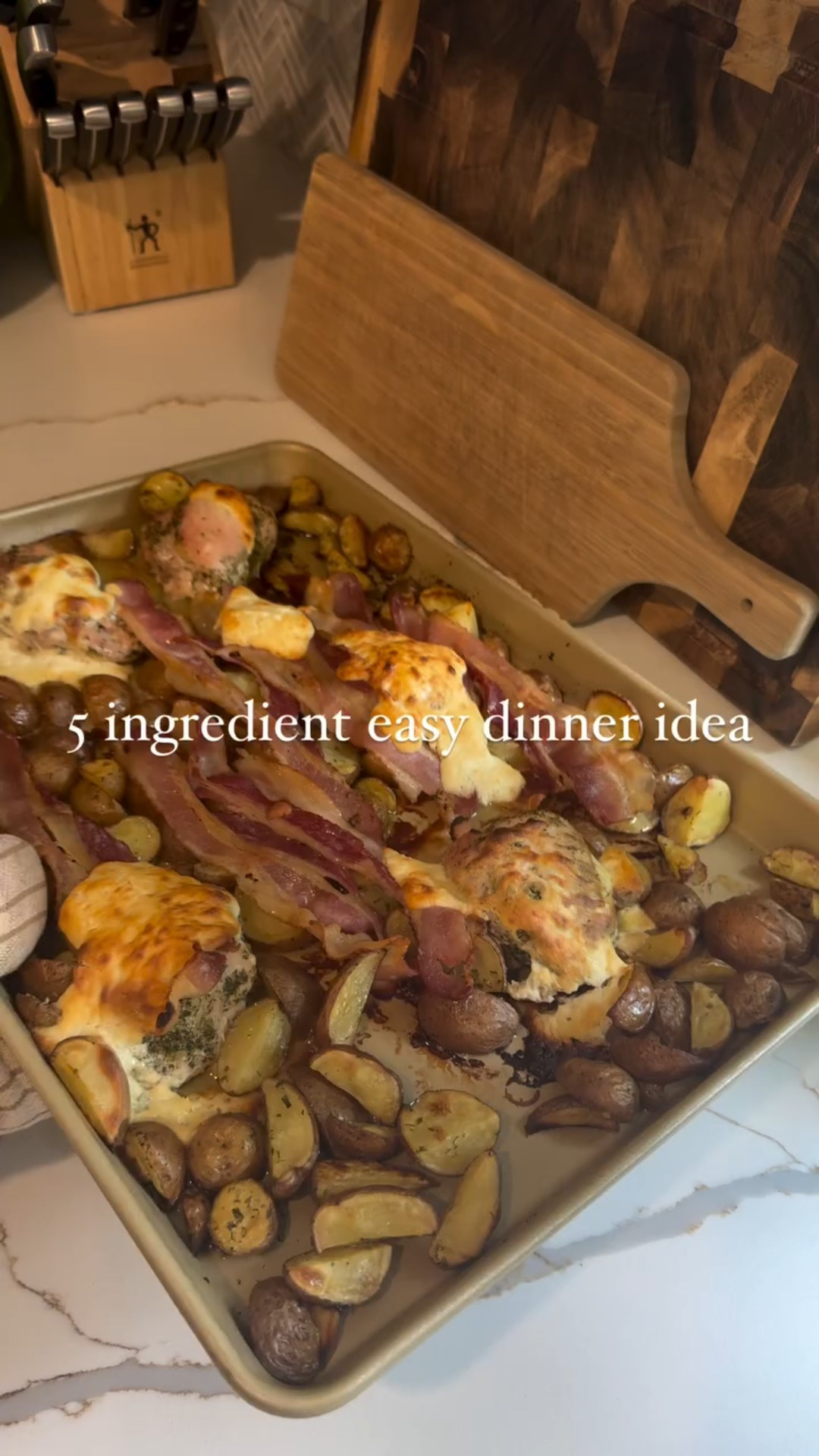 Follow @fridasofiaeats + comment “Recipe” for a link to the recipe

I am a big ranch lover and adding it as a spice to a this simple meal really makes for a flavorful and delicous weeknight meal! You’ll only need 5 ingredients for this and it comes together in no time!

12 oz small potatoes @littlepotatoco 
1 lbs chicken thighs, bone and skinless
Olive oil
1 tbsp ranch seasoning @harmonyblends 
8 oz bacon @appellate 
8 oz garlic feta dip @aldiusa or any kinda dip you have. Alternatively add some sour cream and feta cheese 

1. Cut up potatoes in smaller pieces, mix with chicken thighs in a bowl with some olive lol and ranch seasoning.

2. Spread out over a cooking sheet, and bake in the oven at 400F for 20-25 minutes until the potatoes are soft and the chicken is mostly done. Remove from oven.

3. Spread out bacon over potatoes and chicken, top with dip, and bake for another 10-15 minutes until bacon is crispy. Eat!