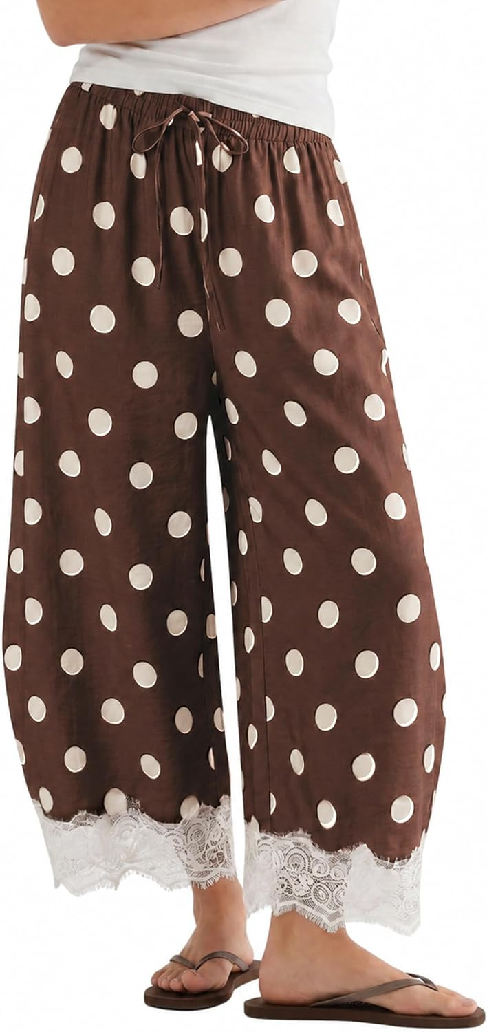 Athlisan Womens Polka Dot Wide Leg Palazzo Pants High Waisted Summer Lace Trim Cropped Baggy Trousers with Pockets | Amazon (US)