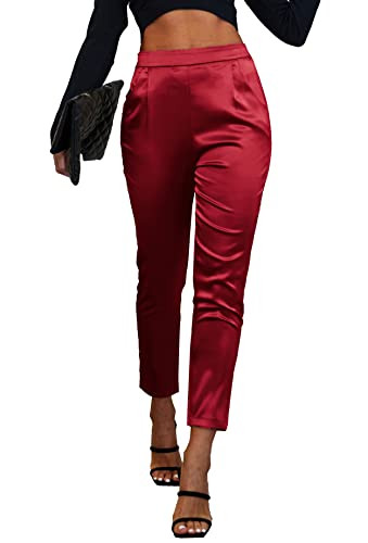 heipeiwa Women's Satin Pants Dress Casual Pleated Pull on High Waist Pants Baggy Front Tapered Trouser | Amazon (US)