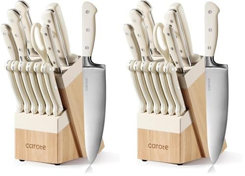 CAROTE 14 Pieces Knife Set with Block, Forged, High Carbon Stainless Steel Sharp Blade Block Knife Set, Dishwasher Safe Cutlery, Cream (Pack of 2) | Amazon (US)