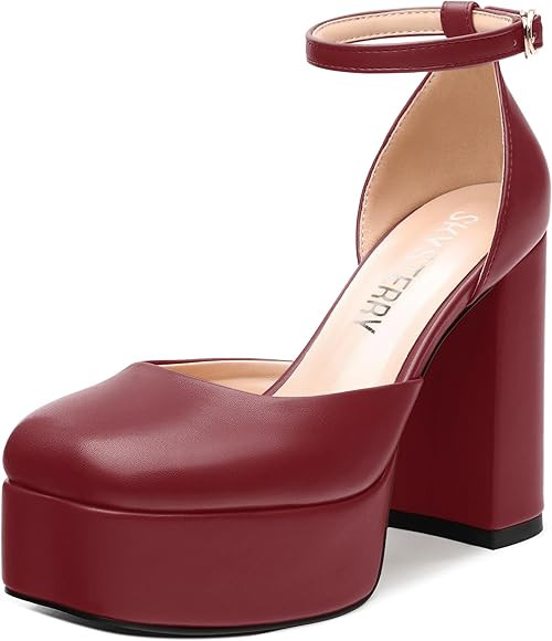 SKYSTERRY Women's Platform Heels 4.3-Inch High Block Chunky Square Closed Toe Pumps Ankle Strap D... | Amazon (US)