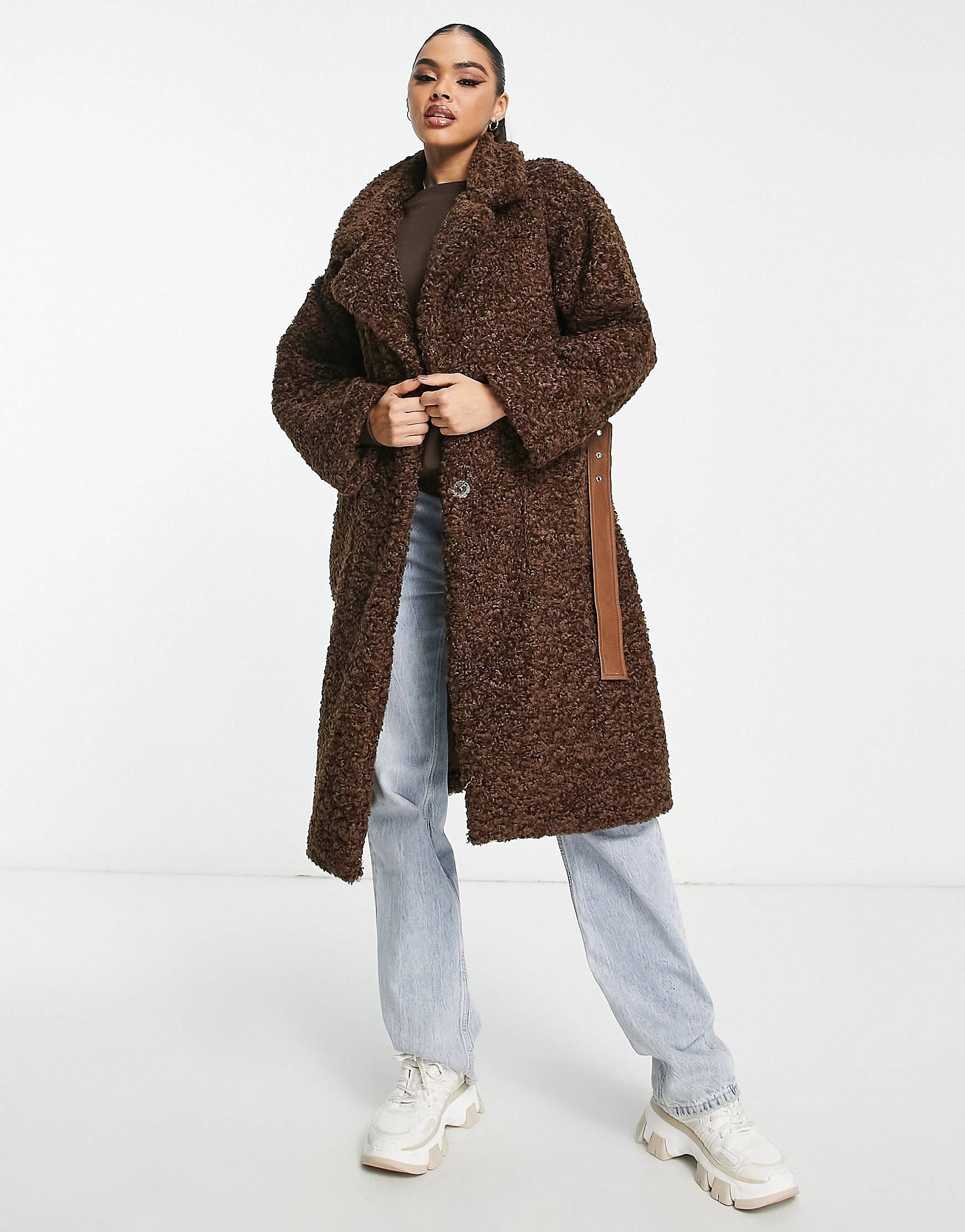 QED London teddy longline coat with PU belt in chocolate brown | ASOS (Global)