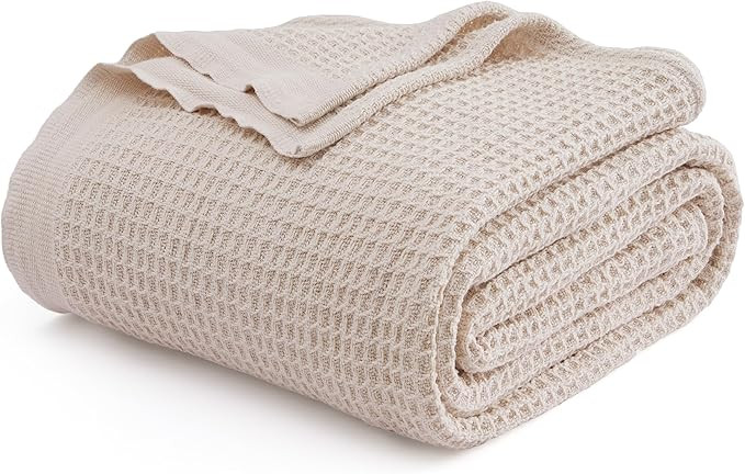 Bedsure 100% Cotton Blanket, Waffle Weave, Queen Size, Beige, 90"x90" | Breathable, Soft, Cozy, C... | Amazon (US)