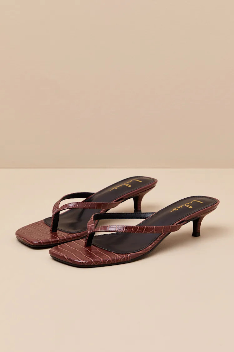 Massima Brown Croc-Embrossed Kitten Heel Thong Sandals | Lulus