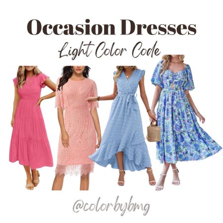 Light Color Code Occasion Dresses 

Light Spring and Light Summer

Dress colors from left to right:

1. Hot Pink
2. Pink
3. Swiss Dot Sky Blue
4. Floral Blue

#LTKstyletip #LTKfindsunder50