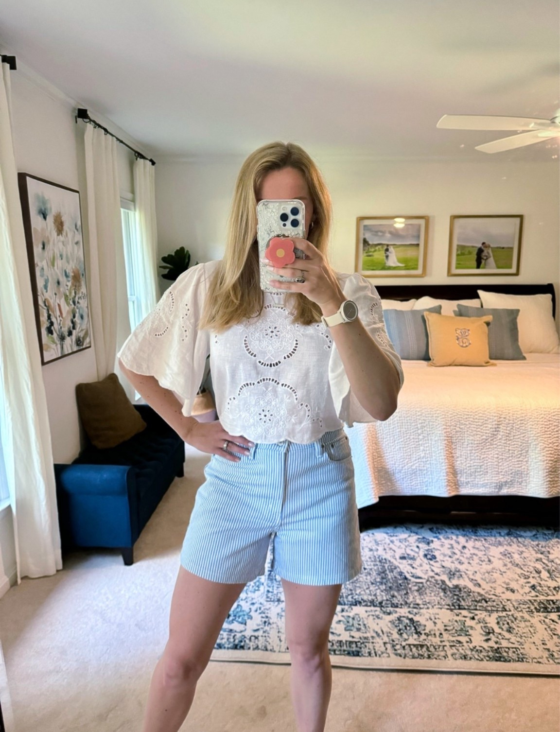Summer outfit idea –  Embroidered white top and blue and white striped shorts

Top fits true to size.

These dad shorts have a great fit perfect for Mom‘s on the go that don’t want short shorts! For true to size