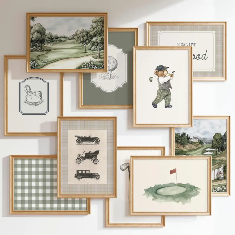 Vintage Teddy Bear Nursery Golf Prints, Set of 10 prints, Sage Green, Nostalgic Wall Decor, Vinta... | Etsy (US)