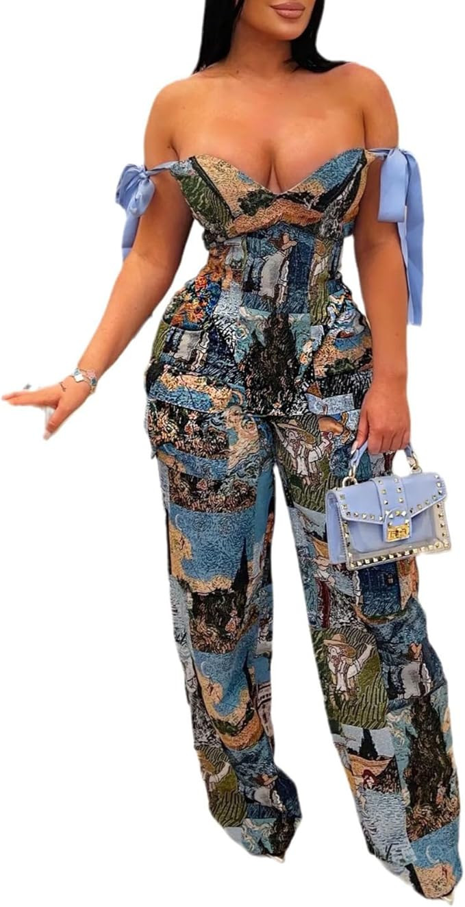 Molilove Sexy 2 Piece Sets for Women Pastel Print Sleeveless Croset Top and Wide Leg Pants with M... | Amazon (US)