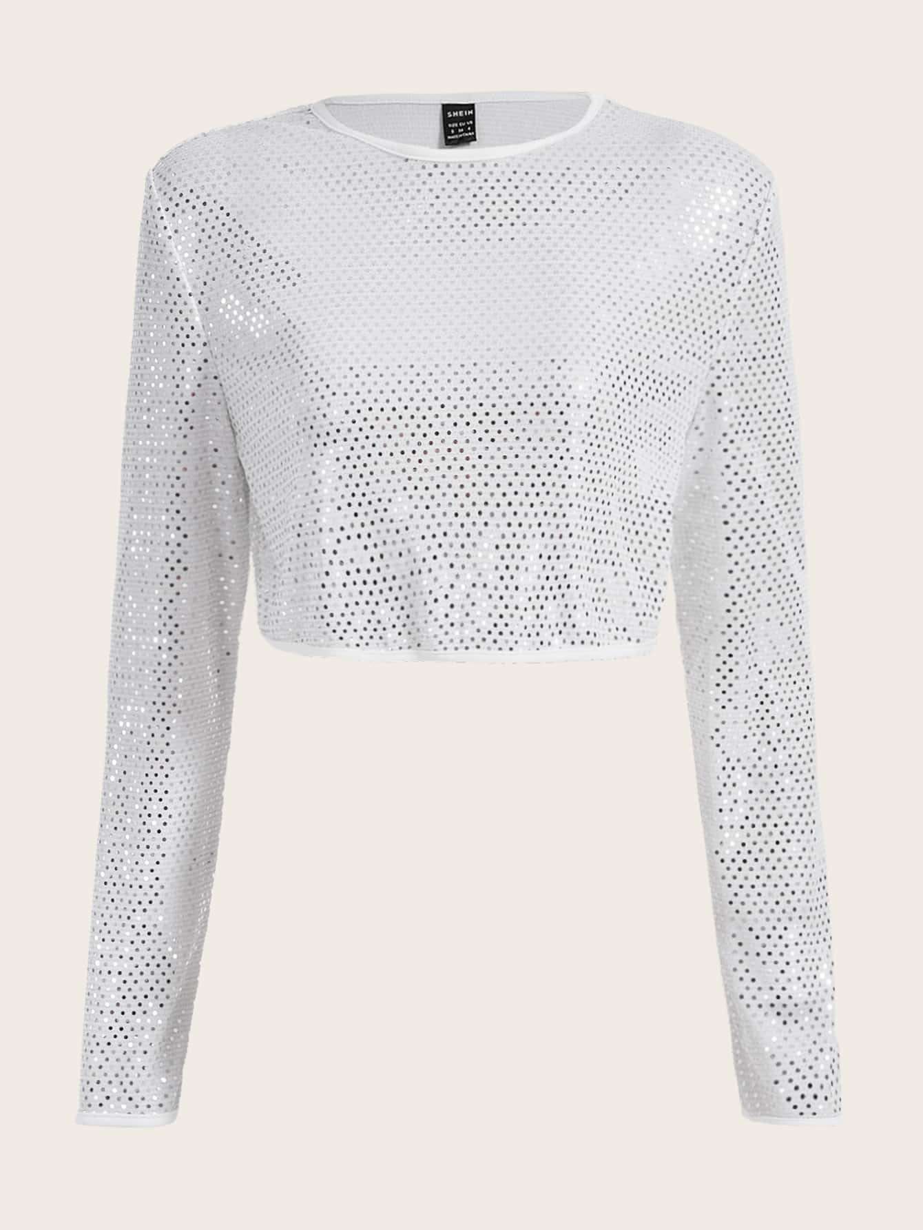 SHEIN ICON Solid Sequin Crop Tee | SHEIN