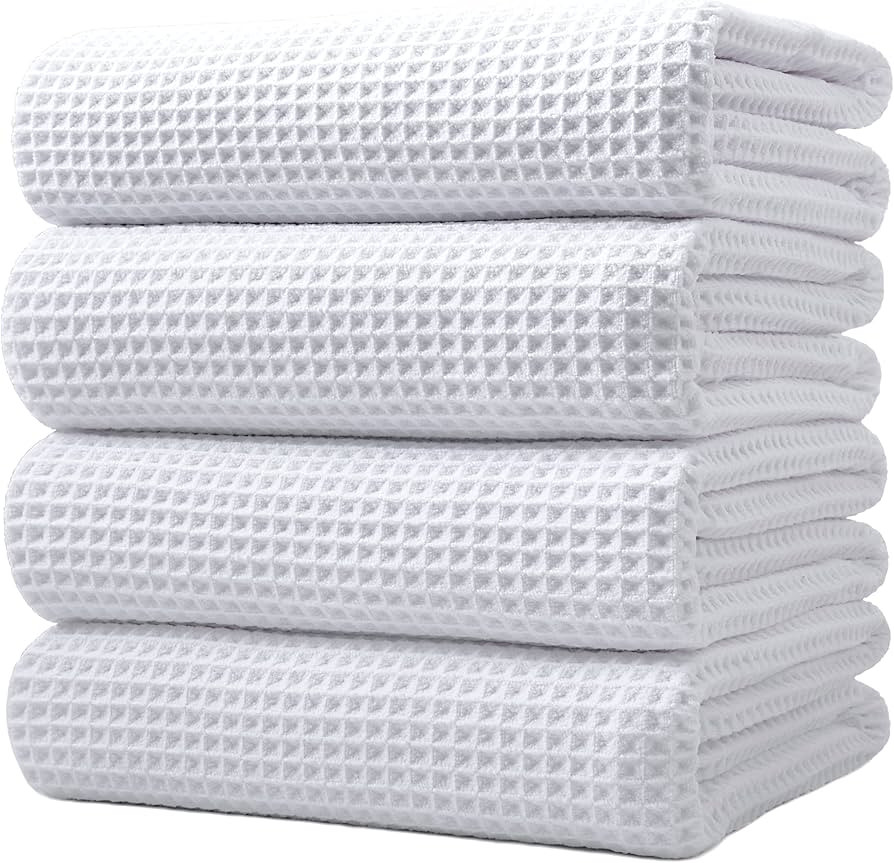 POLYTE Microfiber Oversize Quick Dry Lint Free Bath Towel, 60 x 30 in, 4 Pack (White, Waffle Weav... | Amazon (US)