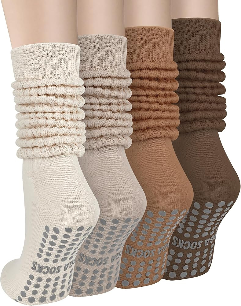 4 Pairs Pilates Grip Scrunch Socks for Women, Long Cotton Non Slip Slouch Yoga Calf Socks Slipper... | Amazon (US)