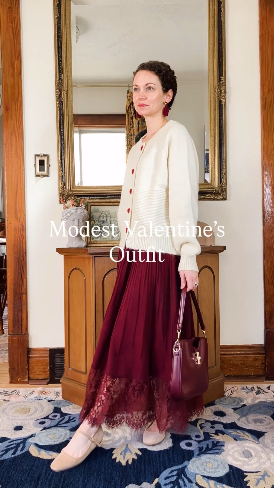 A modest Valentine’s Day outfit!
A cream cardigan with heart buttons from Chicwish. 
A burgundy sweater skirt with lace hem from Chicwish. 
A burgundy bag from Urban Expressions. 
Linking similar nude ballet flats. 
Petite outfit. Modest outfit. Valentines Day outfit. Burgundy outfit. 

#LTKmomlife #LTKgrwm #LTKOver40
