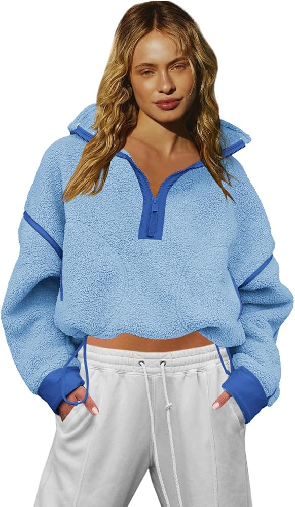 LAMISSCHE Half Zip Sweatshirt Women Oversized Sherpa Jacket V Neck Fleece Pullover Hoodie with Po... | Amazon (US)