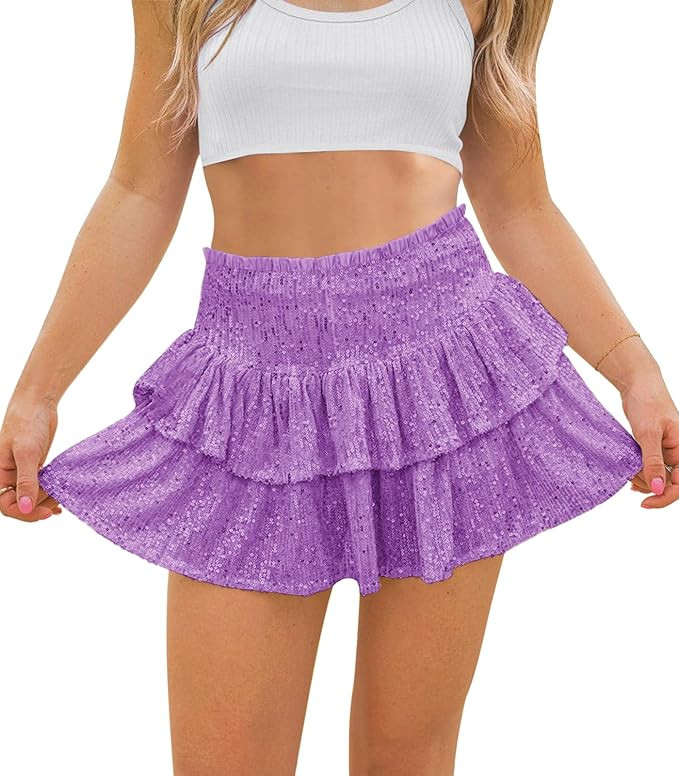 Women Sequin Skirt Sparkly Cute High Waist Ruffle Flowy Shiny Glitter Mini Short Skirts Night Out... | Amazon (US)
