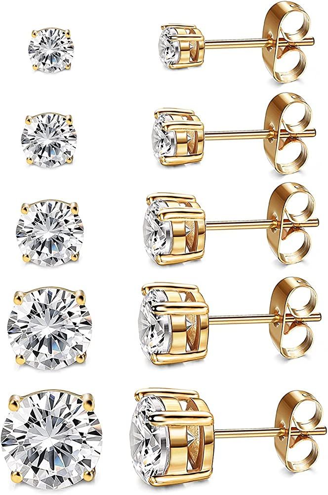 Women's 14K Gold Plated CZ Stud Earrings Simulated Diamond Round Cubic Zirconia Ear Stud Set（5 ... | Amazon (US)