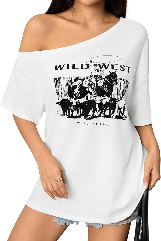 SOFIA'S CHOICE Women Off The Shoulder Top Graphic Tee Casual Loose Fit Short Sleeve T Shirts | Amazon (US)