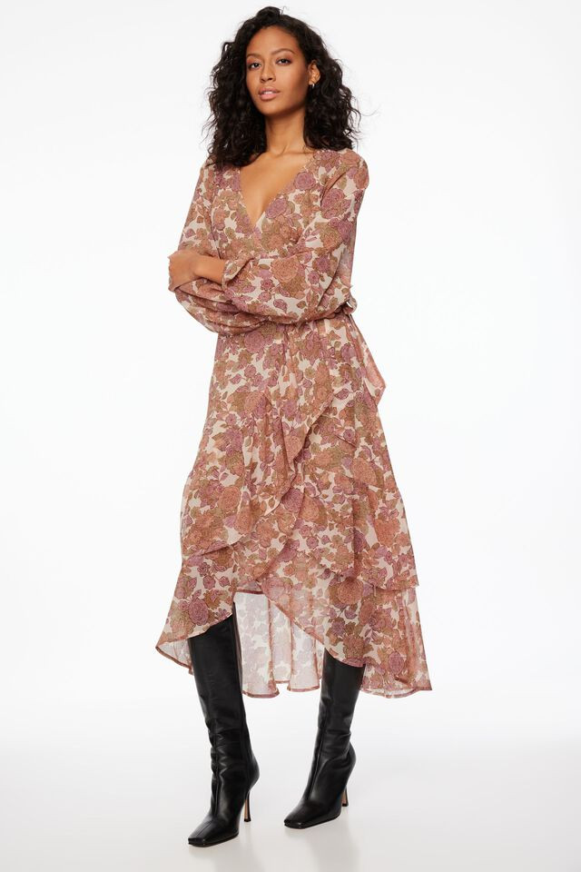 Long Sleeve Ruffled Wrap Dress | Dynamite Clothing