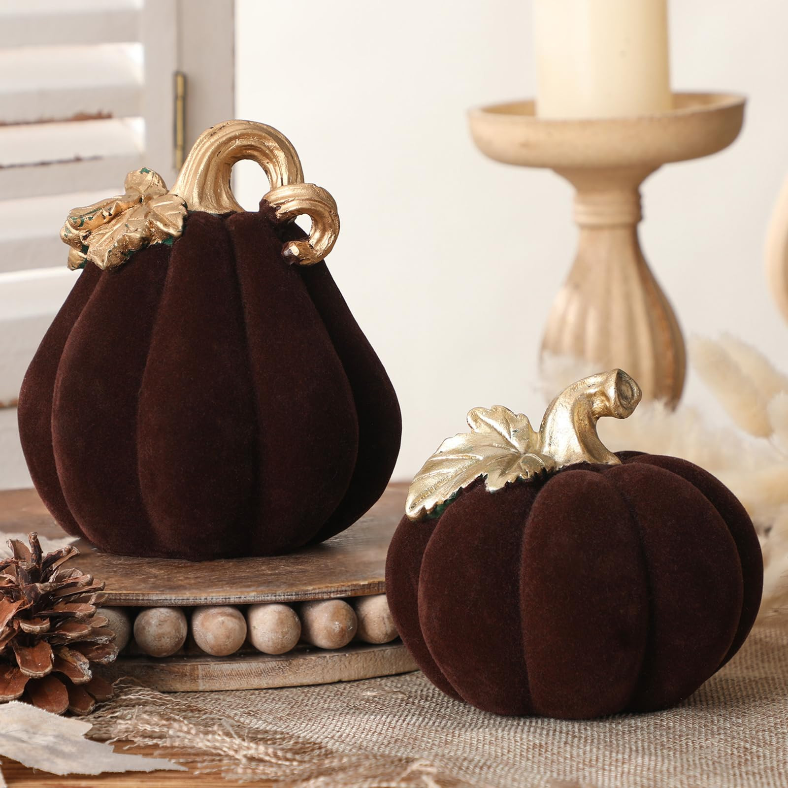 2 Pcs Velvet Pumpkin for Decorating Brown Ceramic Flocked Pumpkin Cute Fall Decor 5.5 x 4.6'', 4.... | Amazon (US)