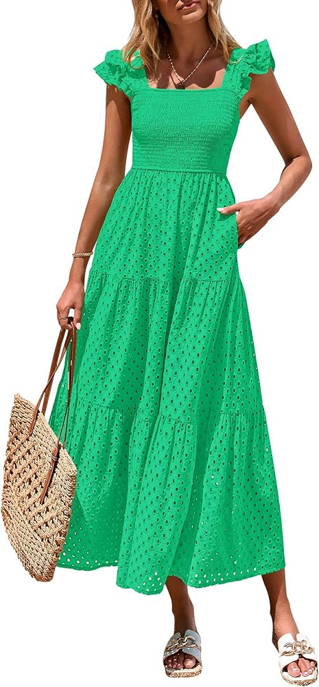 PRETTYGARDEN Womens Summer Square Neck Maxi Dresses Cap Sleeve Eyelet Smocked Tiered A Line Flowy... | Amazon (US)