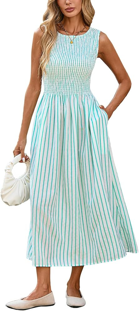 Women's Summer Striped Sleeveless Maxi Dress Smocked Swing A Line Beach Vacation Dress with Pocke... | Amazon (US)