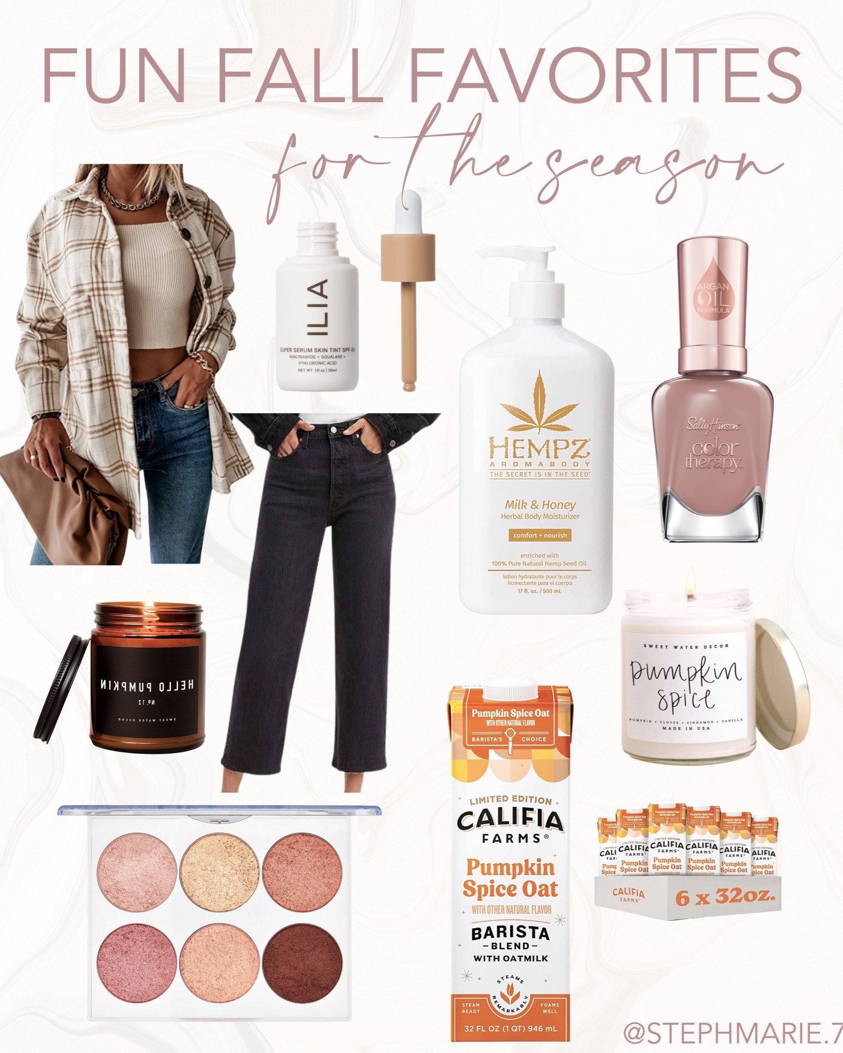 fun fall favorites / fall essentials / fall gift guide / levi’s black jeans / shacket / fall nail polish / pumpkin scented candles / hempz milk & honey lotion / ilia skin tint / califia farms pumpkin spice oat milk blend / high lighter palette 

#LTKitbag #LTKbeauty #LTKSeasonal