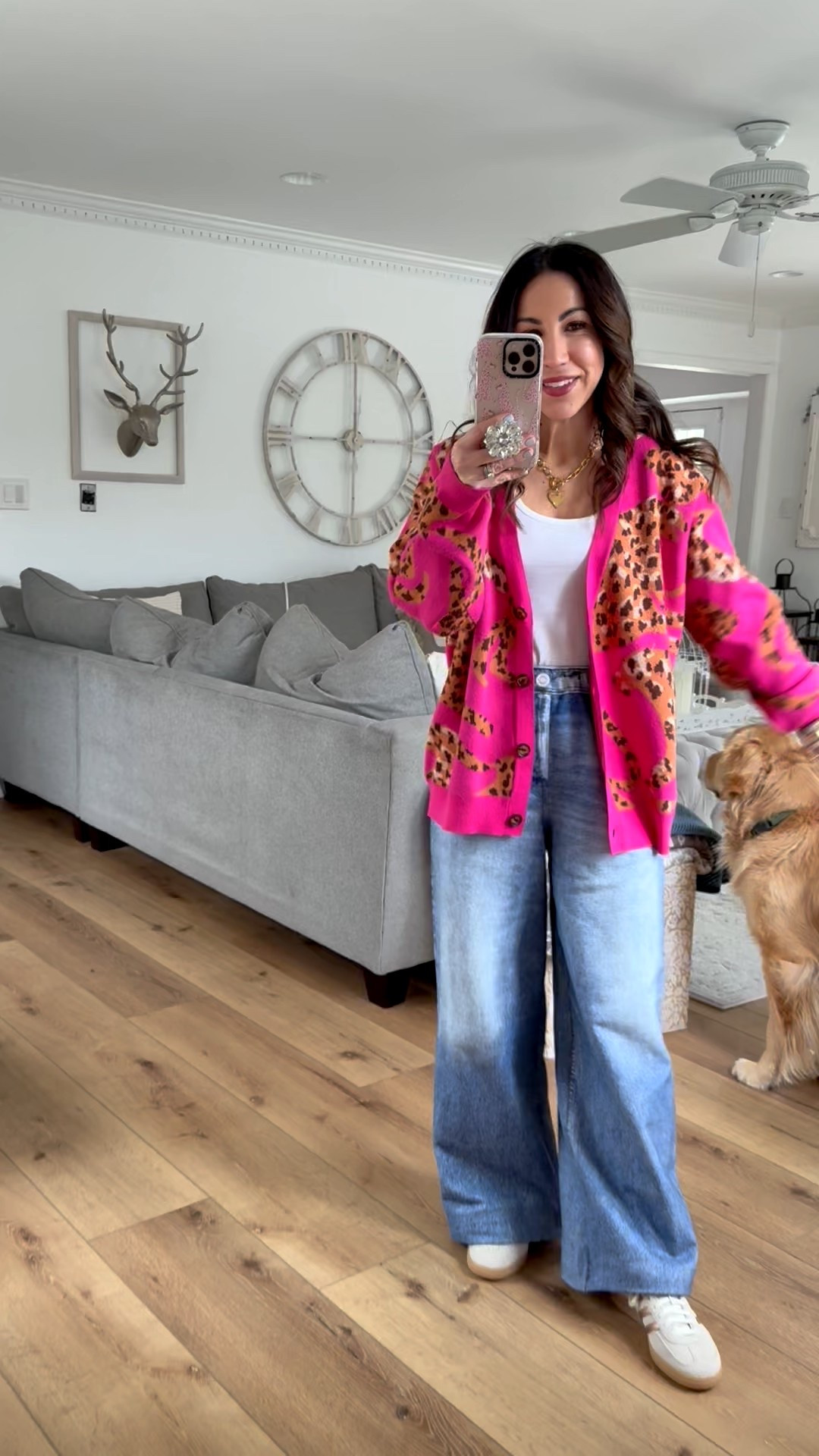 Small leopard cardigan, small pants. I used hemming tape. Sneakers size down. Bracelets code HOUSEOFLEO20. 

Sweatpant jeans, lounge jeans, Valentine’s Day outfit

#LTKOver40 #LTKValentine