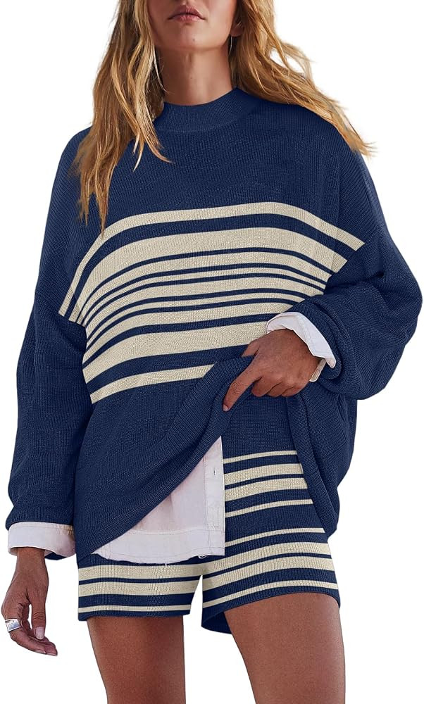 LAMISSCHE Womens Oversized Lounge Sets 2 Piece Outfits Striped Matching Pajama Set Long Sleeve Sw... | Amazon (US)