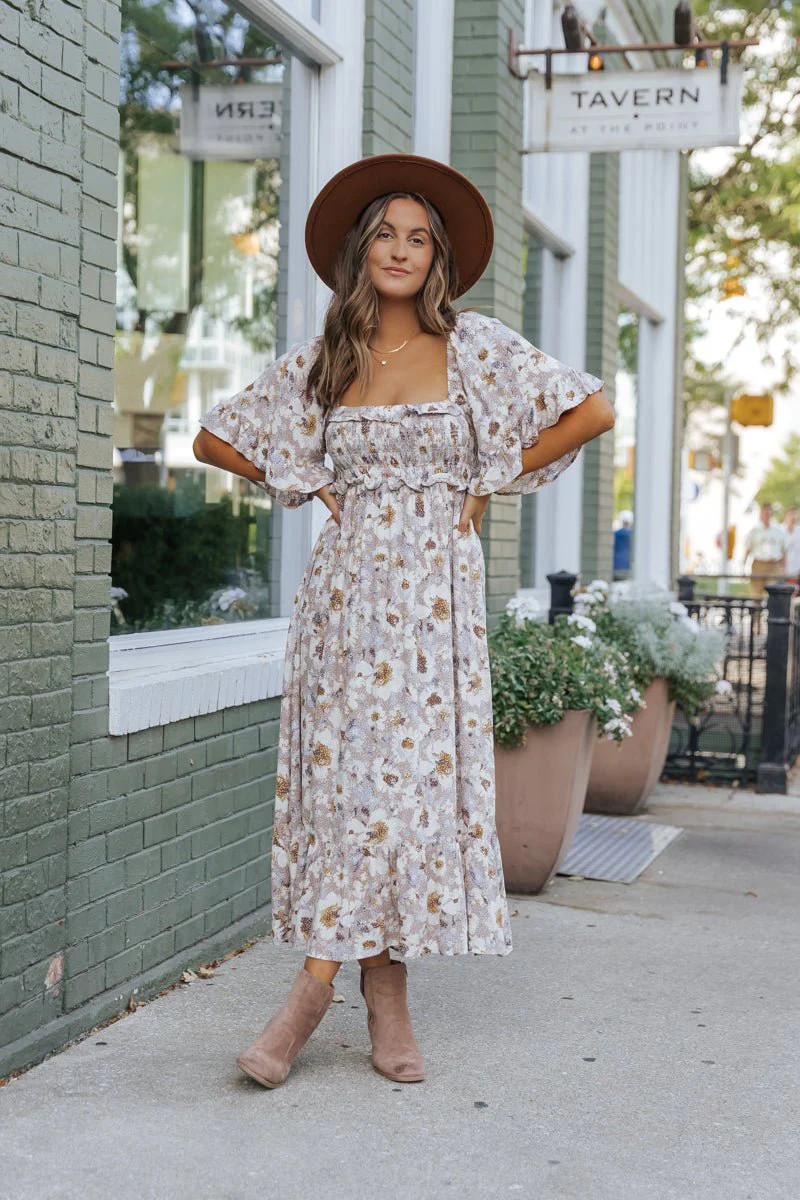 Taupe Floral Print Ruffle Sleeve Midi Dress | Magnolia Boutique