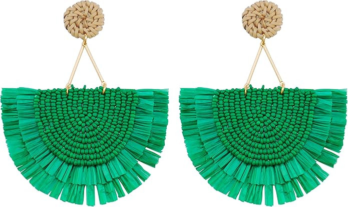 COIRIS Bohemia Beaded Fringe Statement Earrings with Long Dangling Tassel Raffia Earrings for Wom... | Amazon (US)