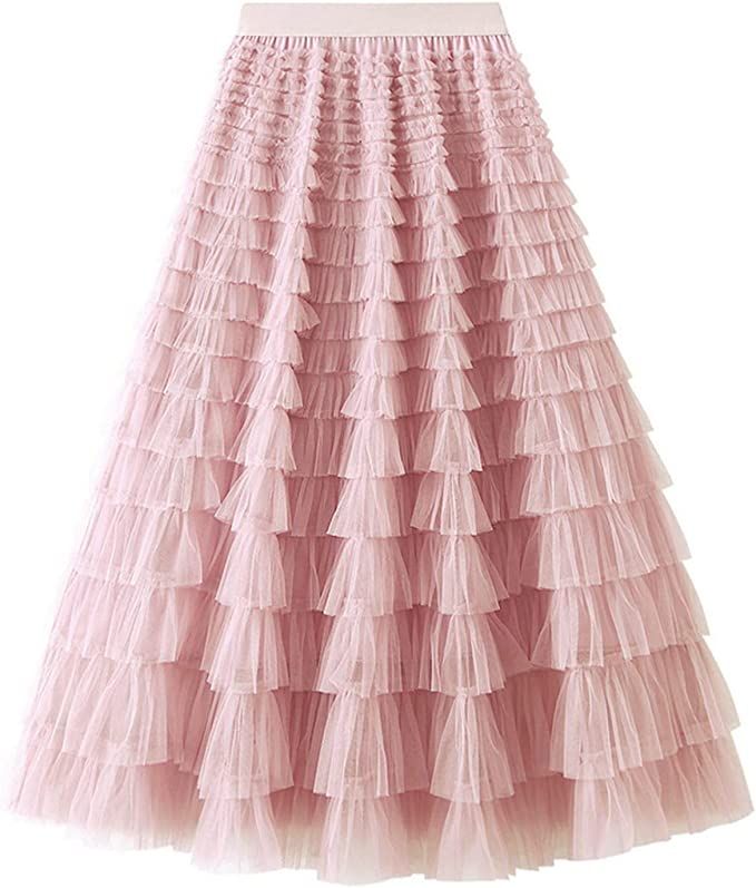 Women's Tulle Skirt Formal Ruffle Trim Tiered Tea-Length Elastic Waist Tutu Skirts | Amazon (US)
