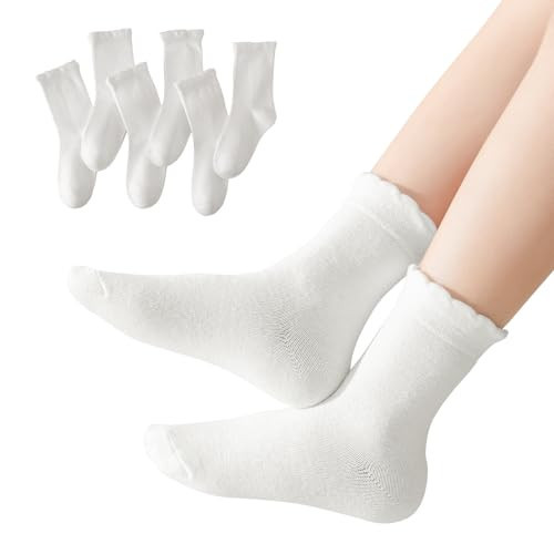 ANYANIME 6 Pack Girls White Socks Dress Scallop Toddler Girl Socks for Kids Cute Cotton | Amazon (US)